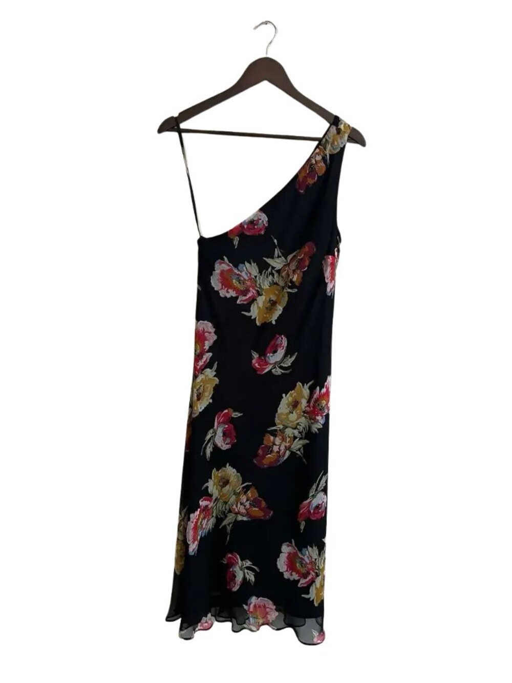 Y2K NWT Ralph Lauren Womens Black Floral Dress 100% Silk Asymmetrical Party NYE